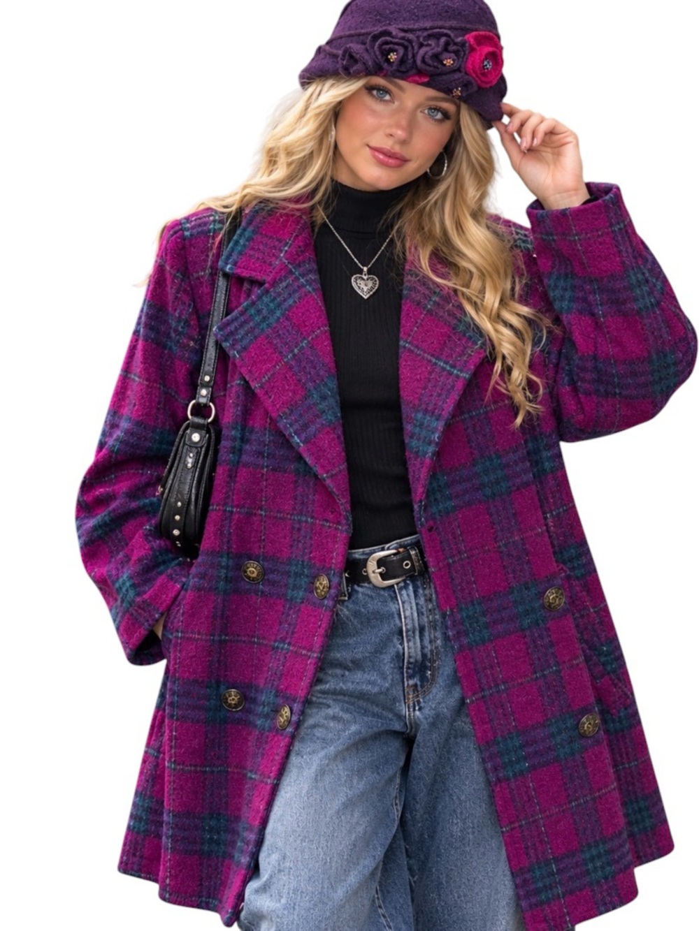Spencer Douglas Vintage Pink and Purple Plaid Double-Breasted Coat P-P22 L31